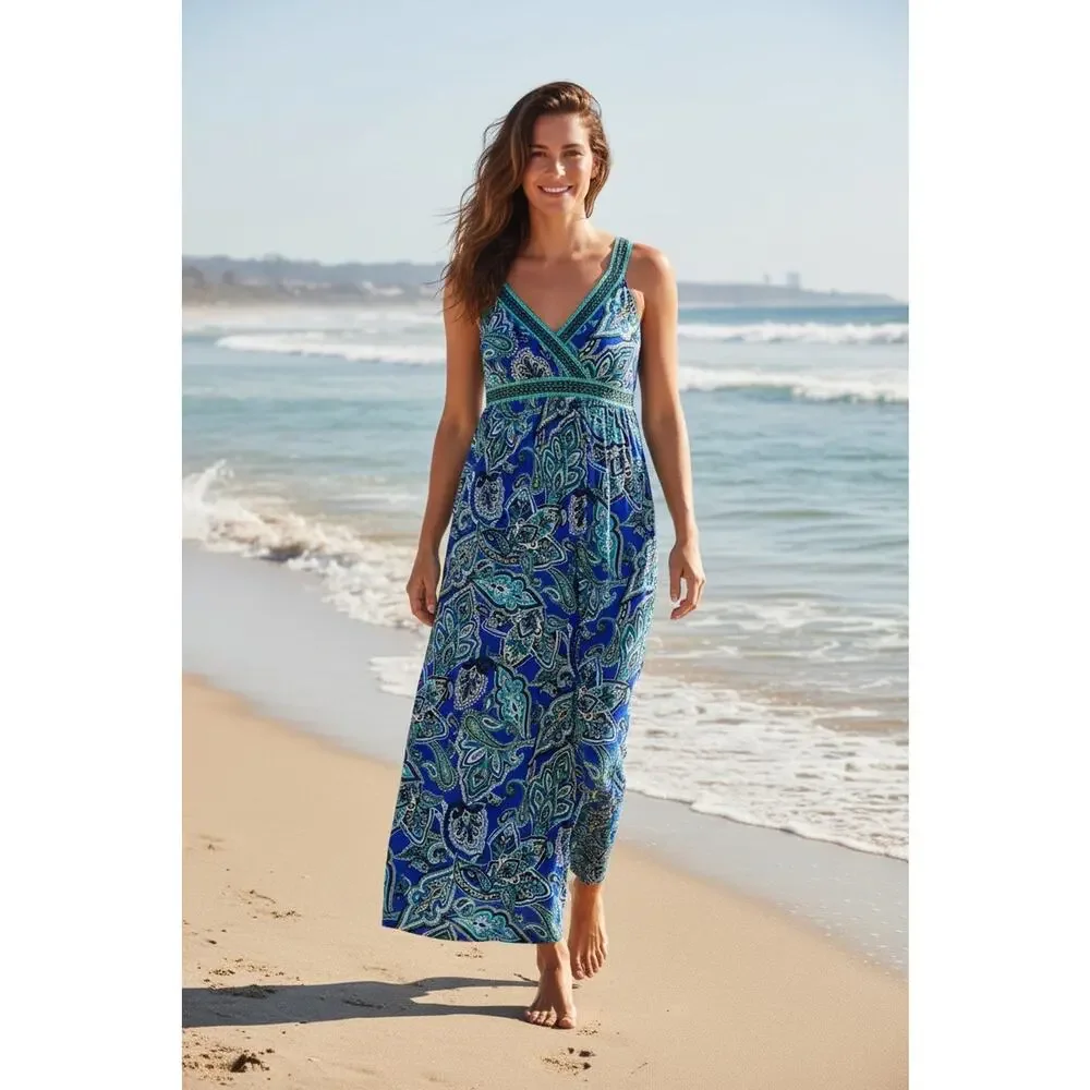 INC International Concepts Dress Womens Petite M Blue Paisley Maxi Strappy Boho - Picture 1 of 11